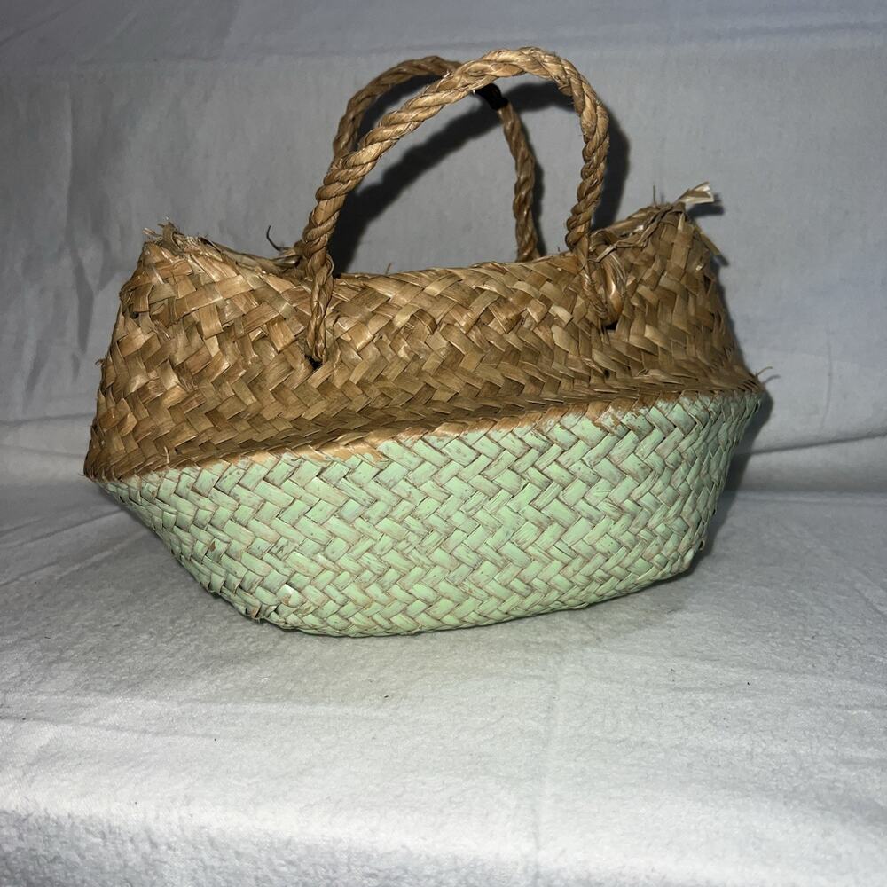 Sea Grass Woven Basket Natural And Teal Handles Medium Vintage Plant Basket